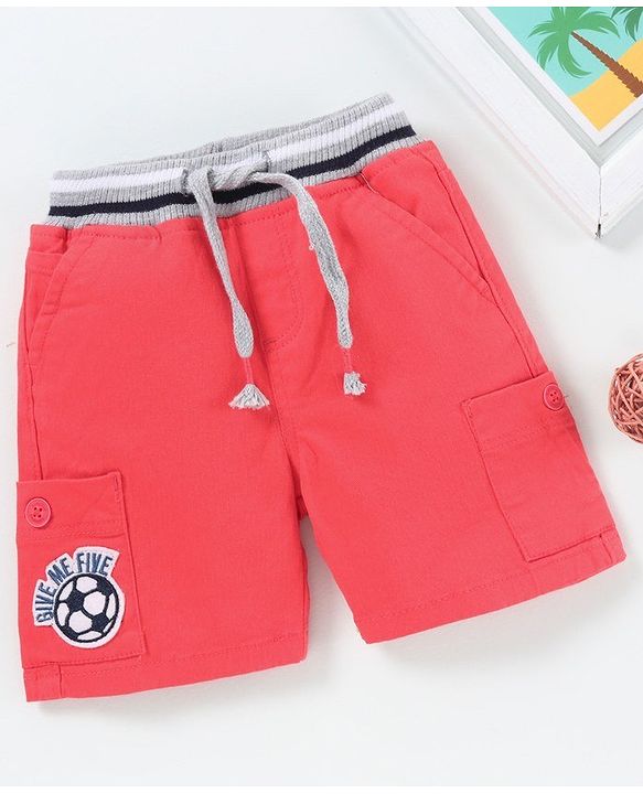 Babyhug Shorts With Drawstring Football Patch - Red
