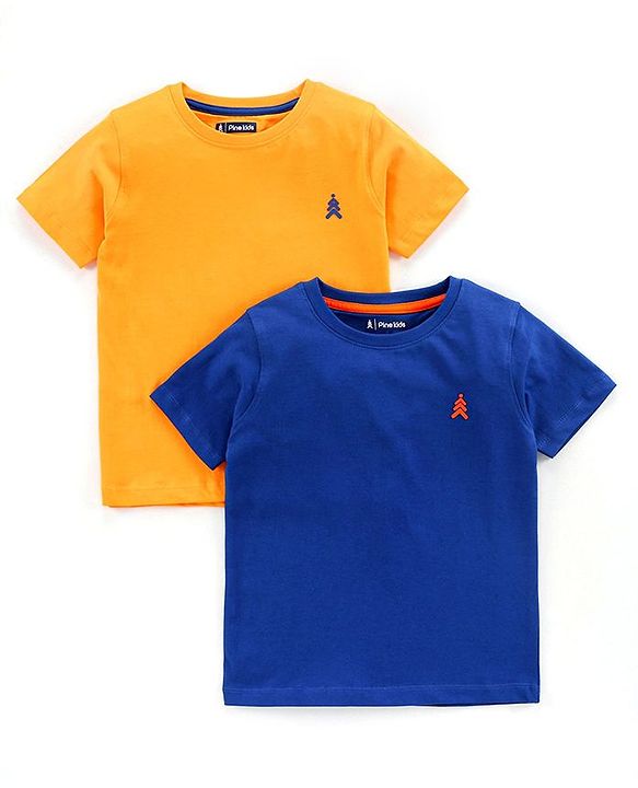 Pine Kids Half Sleeves 100% Cotton Biowashed Tee Pack of 2 - Blue Yellow
