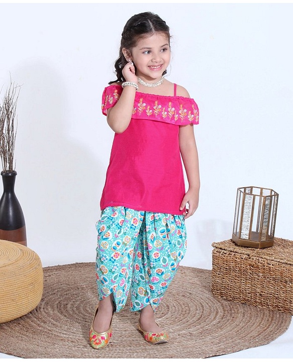 Babyhug Half Sleeves Off Shoulder Embroidered Top and Printed Dhoti Set - Fuschia Blue