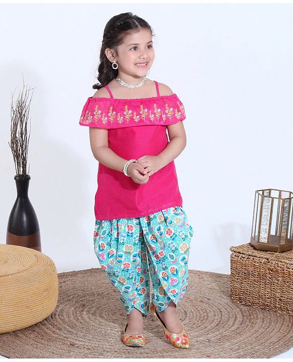 Babyhug Half Sleeves Off Shoulder Embroidered Top and Printed Dhoti Set - Fuschia Blue