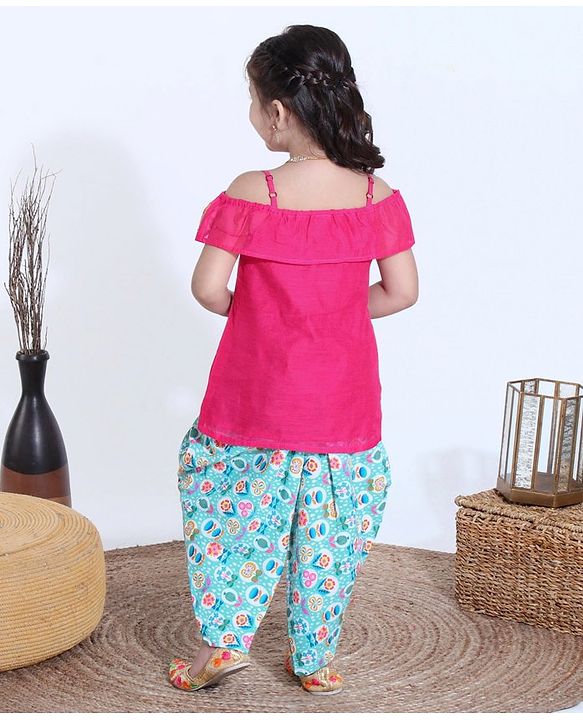 Babyhug Half Sleeves Off Shoulder Embroidered Top and Printed Dhoti Set - Fuschia Blue