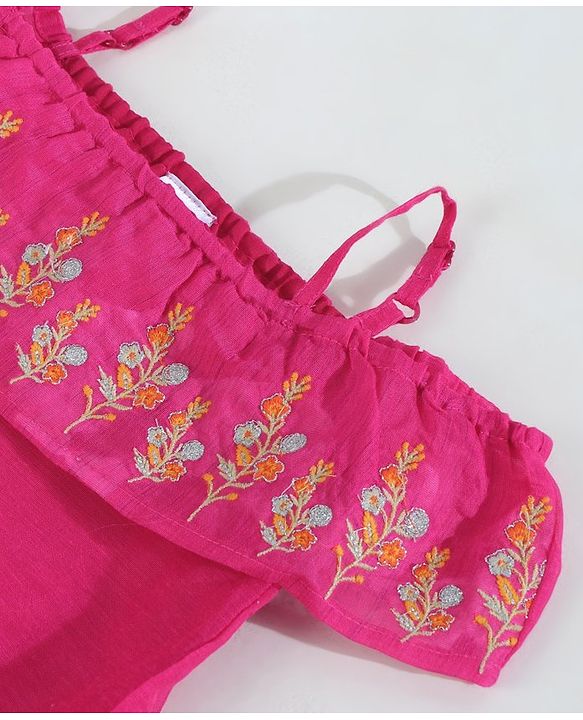 Babyhug Half Sleeves Off Shoulder Embroidered Top and Printed Dhoti Set - Fuschia Blue