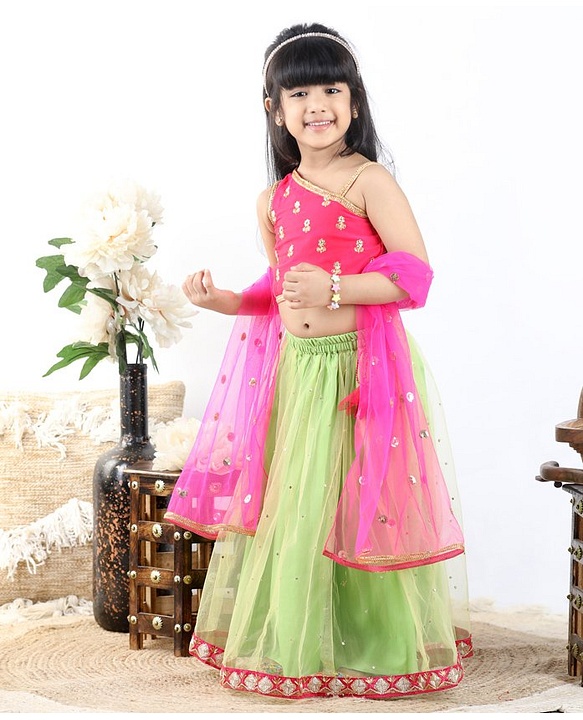 Babyhug Sleeveless Choli & Lehenga with Dupatta - Pink Green