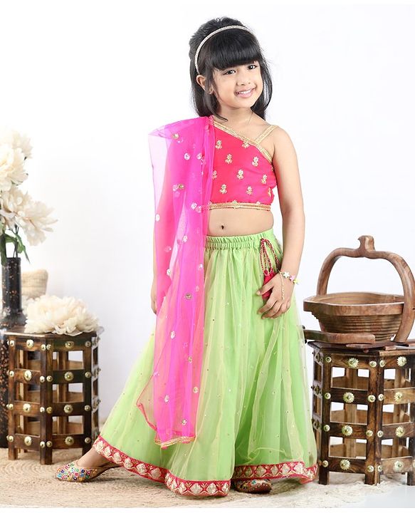 Babyhug Sleeveless Choli & Lehenga with Dupatta - Pink Green