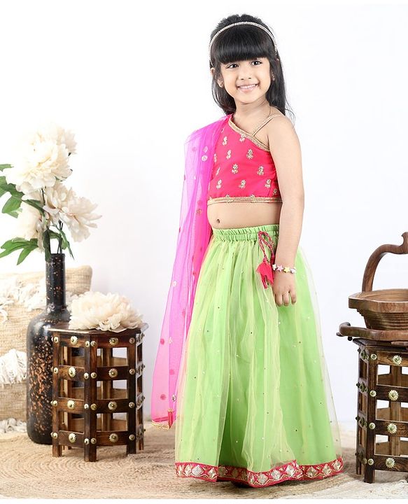 Babyhug Sleeveless Choli & Lehenga with Dupatta - Pink Green