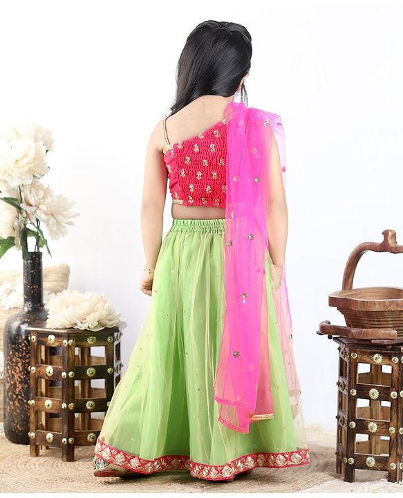 Babyhug Sleeveless Choli & Lehenga with Dupatta - Pink Green