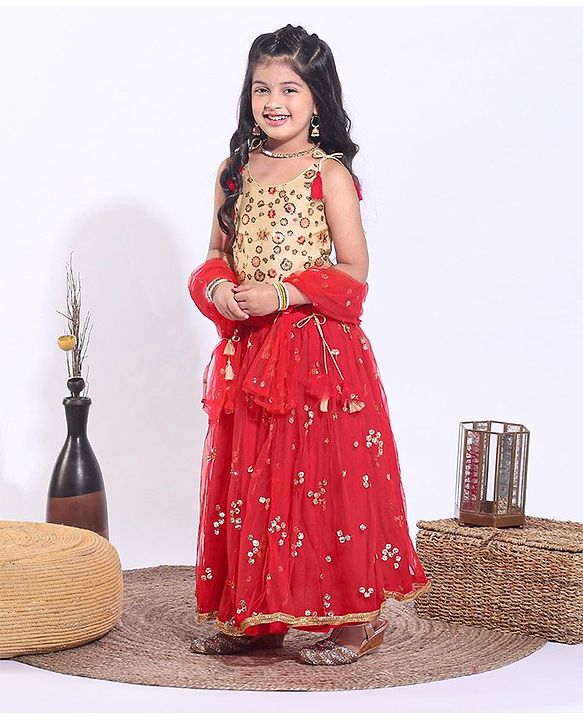 Babyhug Sleeveless Sequin Choli with Lehenga and Dupatta  - Red