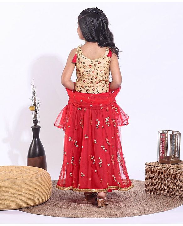 Babyhug Sleeveless Sequin Choli with Lehenga and Dupatta  - Red