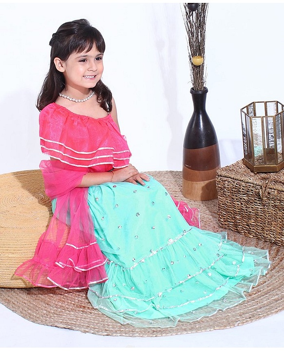 Babyhug Sleeveless Choli with Sequin Lehenga & Dupatta Set - Pink Blue