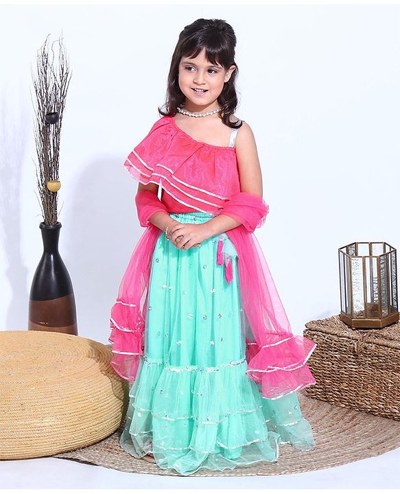 Babyhug Sleeveless Choli with Sequin Lehenga & Dupatta Set - Pink Blue