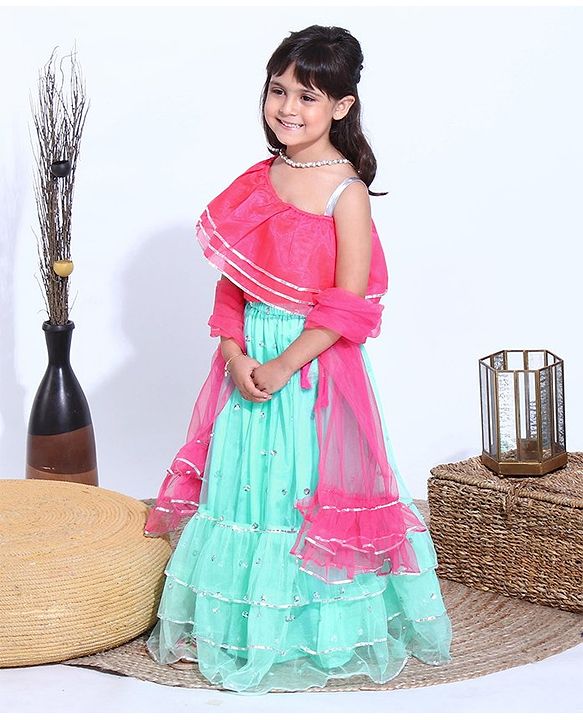 Babyhug Sleeveless Choli with Sequin Lehenga & Dupatta Set - Pink Blue