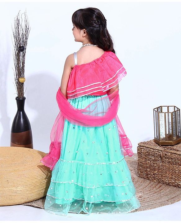 Babyhug Sleeveless Choli with Sequin Lehenga & Dupatta Set - Pink Blue