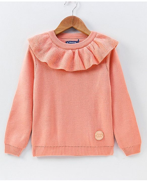 Pine Kids Full Sleeves Pullover With Frill on Neck Medium Winter - Peach