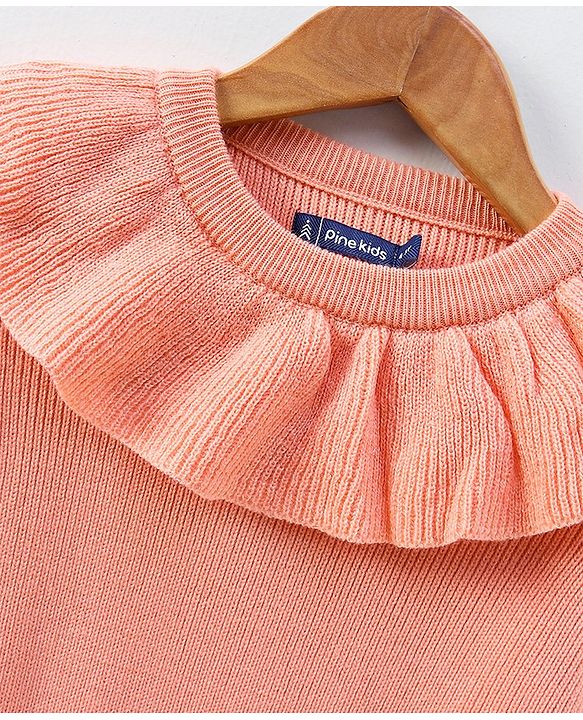 Pine Kids Full Sleeves Pullover With Frill on Neck Medium Winter - Peach