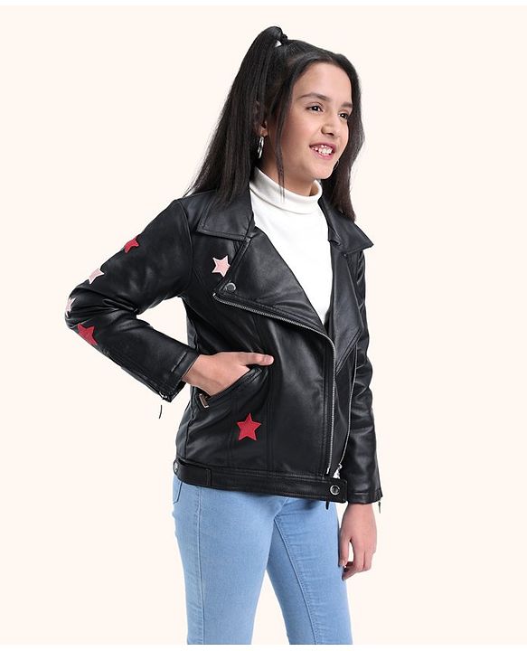 Pine Kids Medium Winter Full Sleeves PU Leather Jacket Star Embroidery - Black