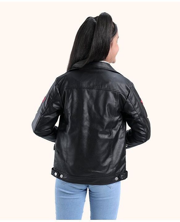 Pine Kids Medium Winter Full Sleeves PU Leather Jacket Star Embroidery - Black