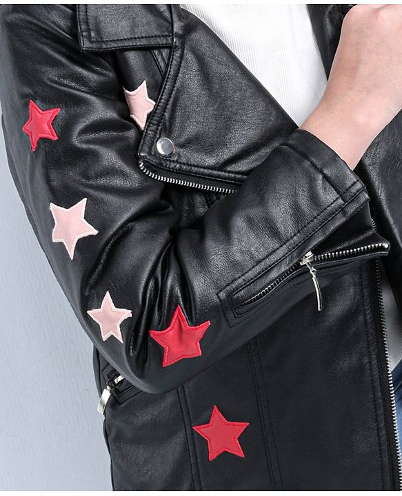 Pine Kids Medium Winter Full Sleeves PU Leather Jacket Star Embroidery - Black