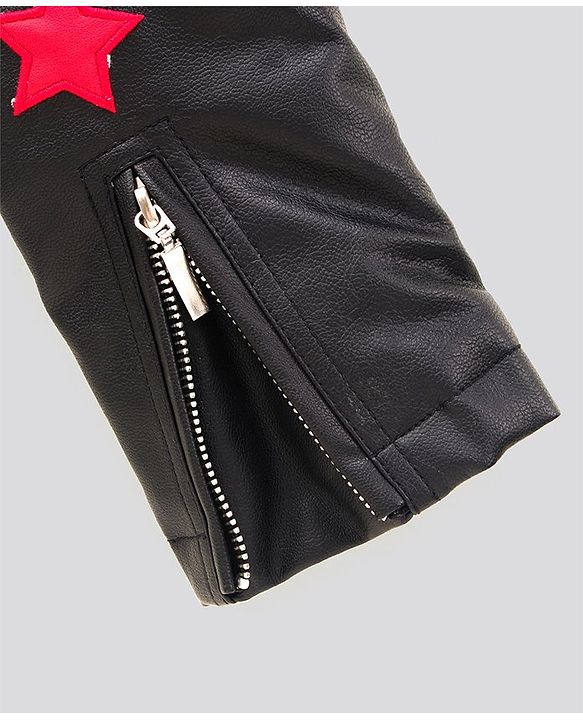 Pine Kids Medium Winter Full Sleeves PU Leather Jacket Star Embroidery - Black
