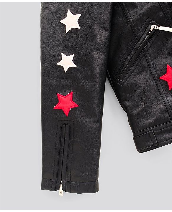 Pine Kids Medium Winter Full Sleeves PU Leather Jacket Star Embroidery - Black