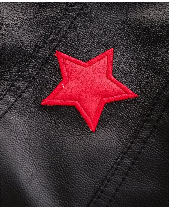 Pine Kids Medium Winter Full Sleeves PU Leather Jacket Star Embroidery - Black