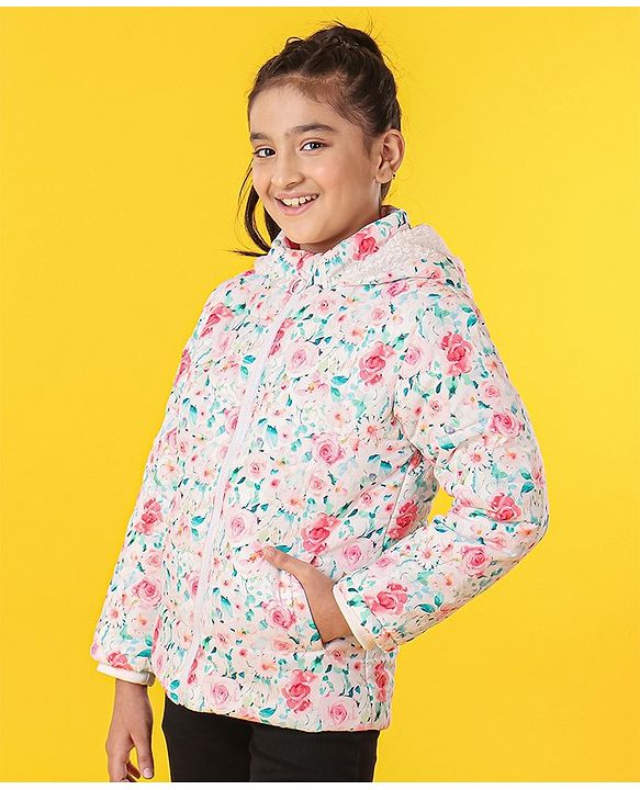Pine Kids Medium Winter Full Sleeves Printed Hooded Jacket With Sherpa Lining Floral Print - White