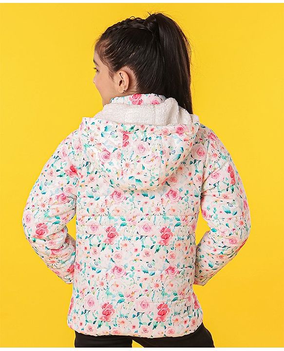 Pine Kids Medium Winter Full Sleeves Printed Hooded Jacket With Sherpa Lining Floral Print - White