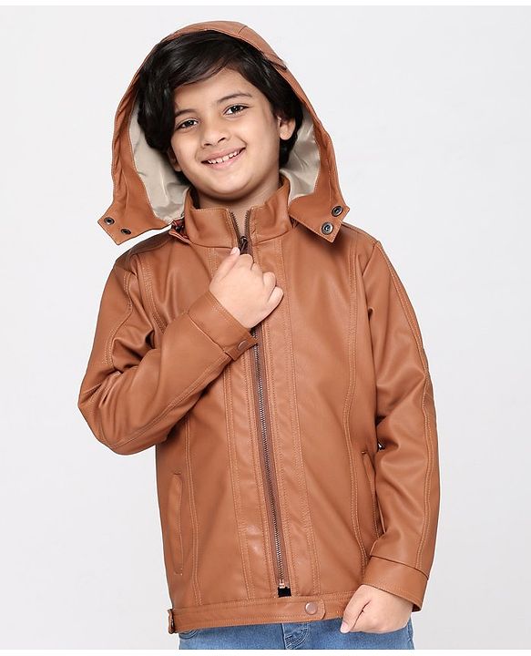 Pine Kids Medium Winter Wear Full Sleeves PU Leather Detachable Hooded Jacket - Brown