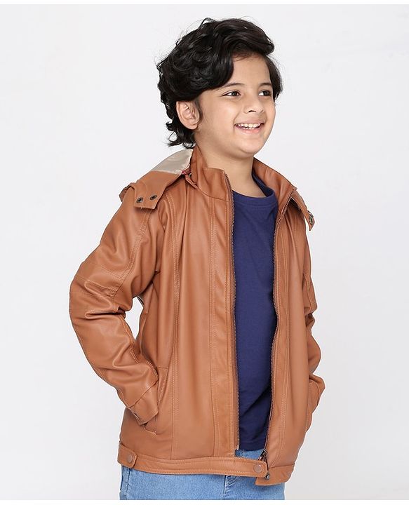 Pine Kids Medium Winter Wear Full Sleeves PU Leather Detachable Hooded Jacket - Brown