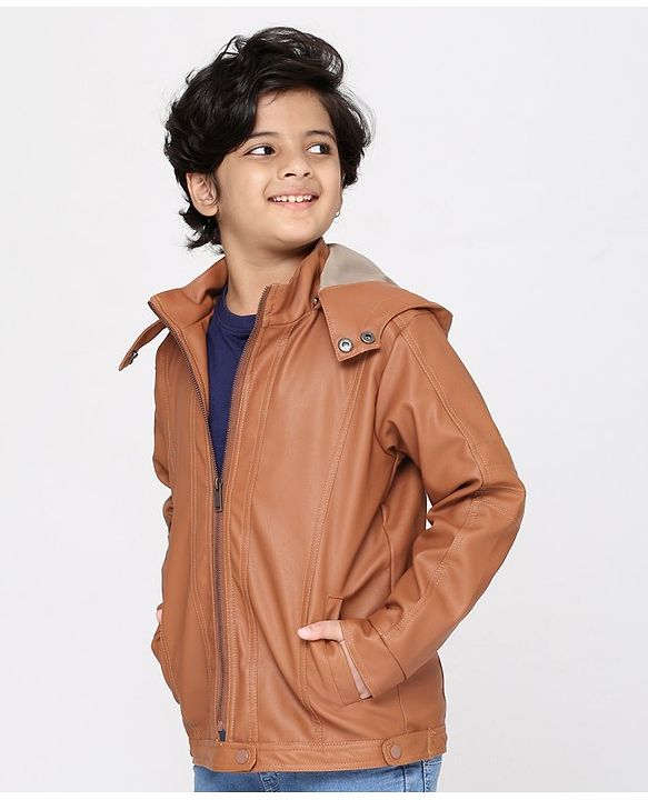Pine Kids Medium Winter Wear Full Sleeves PU Leather Detachable Hooded Jacket - Brown