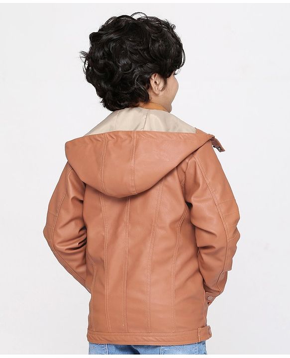 Pine Kids Medium Winter Wear Full Sleeves PU Leather Detachable Hooded Jacket - Brown