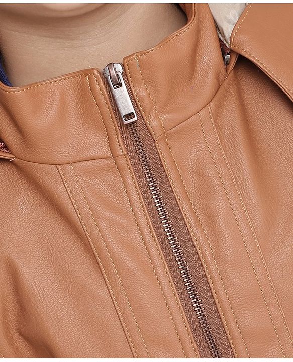 Pine Kids Medium Winter Wear Full Sleeves PU Leather Detachable Hooded Jacket - Brown