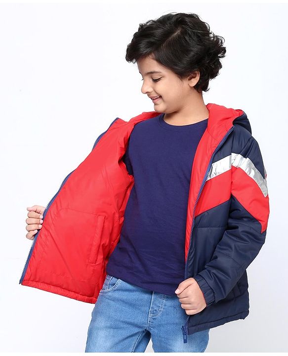 Pine Kids Medium Winter Full Sleeves Hooded Padded Reversible Jacket - Navy Blue Red