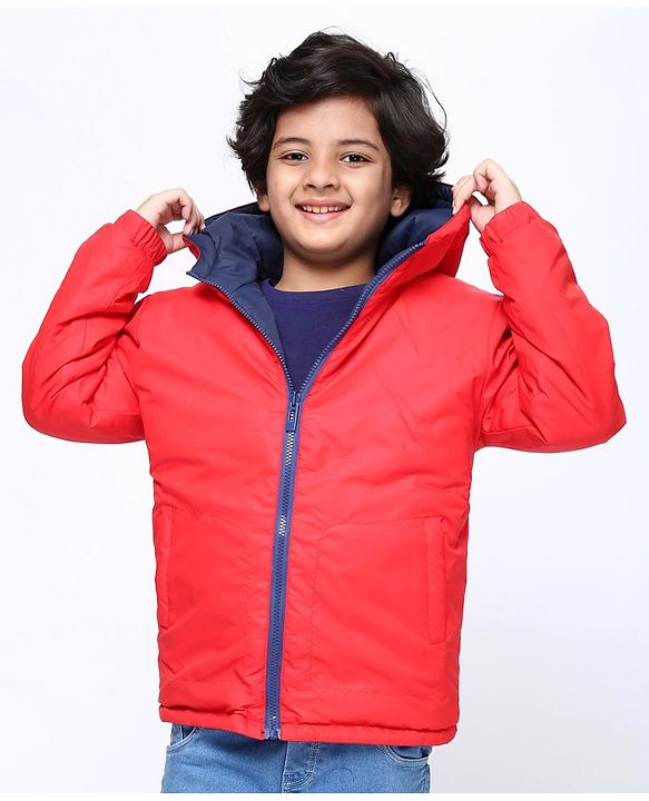 Pine Kids Medium Winter Full Sleeves Hooded Padded Reversible Jacket - Navy Blue Red