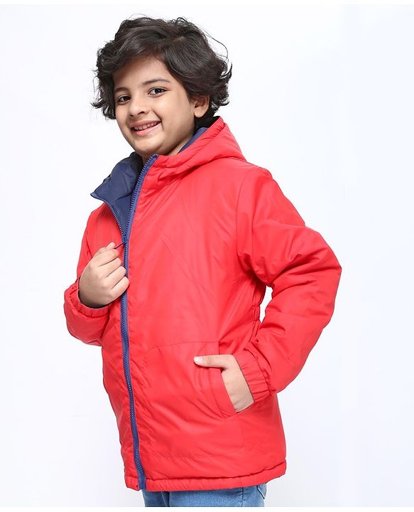 Pine Kids Medium Winter Full Sleeves Hooded Padded Reversible Jacket - Navy Blue Red