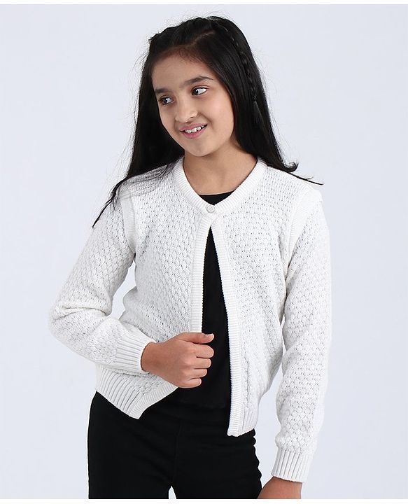 Pine Kids Full Sleeves Woollen Shrug with Front Button - Off White