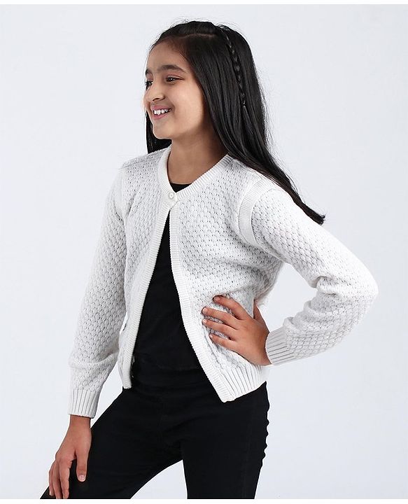 Pine Kids Full Sleeves Woollen Shrug with Front Button - Off White