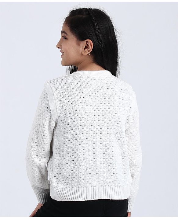 Pine Kids Full Sleeves Woollen Shrug with Front Button - Off White