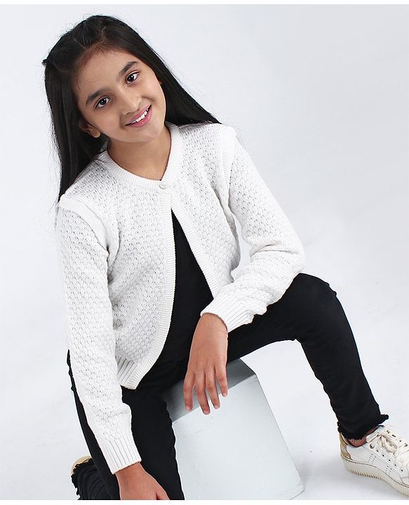 Pine Kids Full Sleeves Woollen Shrug with Front Button - Off White