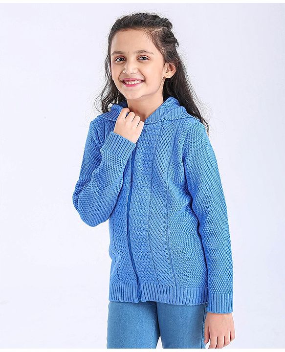 Pine Kids Full Sleeves Front Open Solid Sweater - Blue