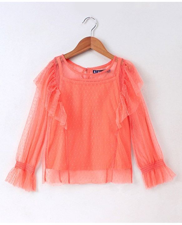 Pine Kids Full Sleeves Bio Wash Embroidered Top - Peach