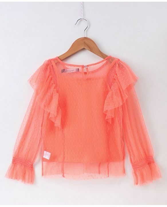 Pine Kids Full Sleeves Bio Wash Embroidered Top - Peach