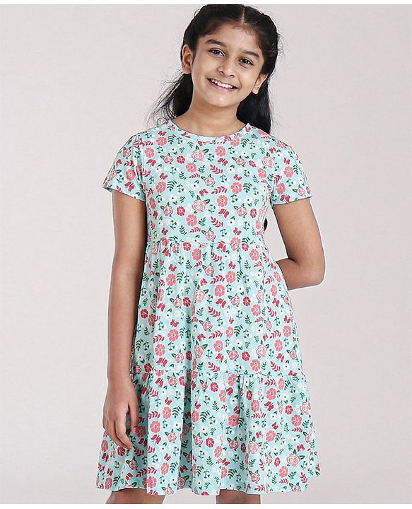Pine Kids Short Sleeves Biowash Frock Floral Print - Sea Green