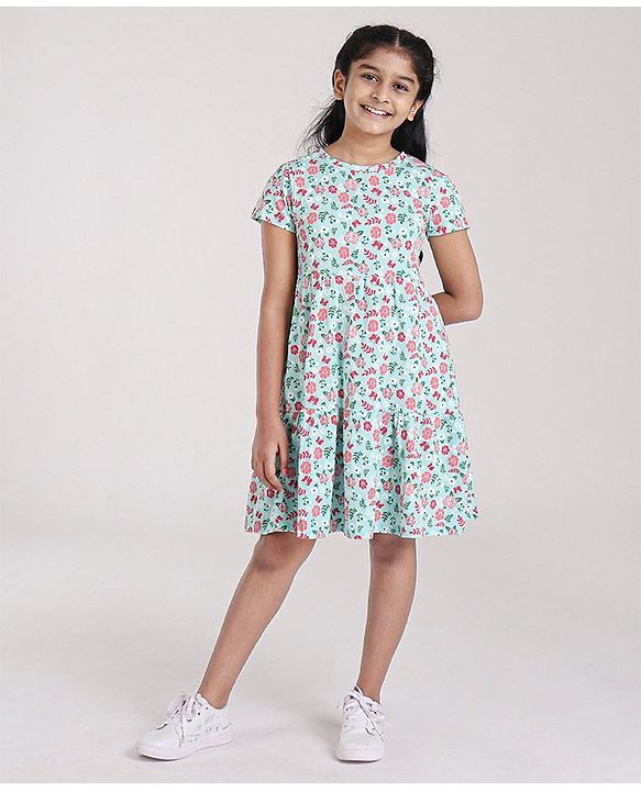 Pine Kids Short Sleeves Biowash Frock Floral Print - Sea Green