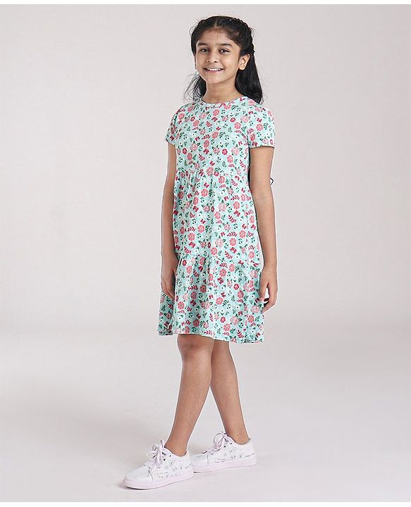Pine Kids Short Sleeves Biowash Frock Floral Print - Sea Green