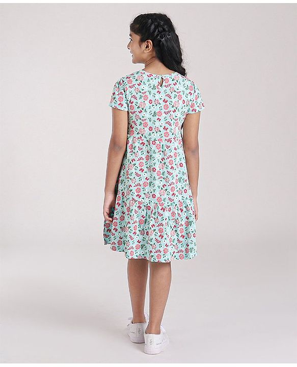 Pine Kids Short Sleeves Biowash Frock Floral Print - Sea Green