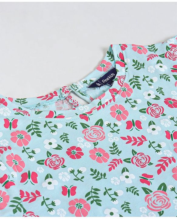 Pine Kids Short Sleeves Biowash Frock Floral Print - Sea Green