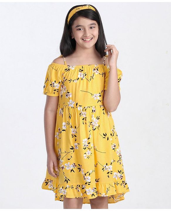 Pine Kids Half Sleeves Frock with Hair Band - Yellow