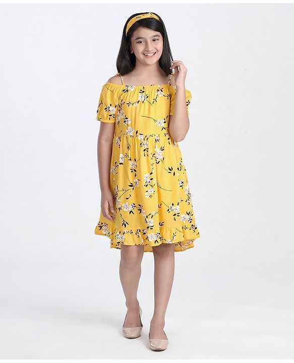 Pine Kids Half Sleeves Frock with Hair Band - Yellow