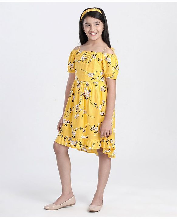 Pine Kids Half Sleeves Frock with Hair Band - Yellow
