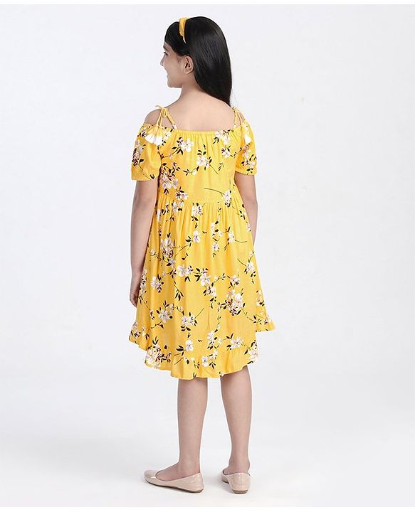 Pine Kids Half Sleeves Frock with Hair Band - Yellow